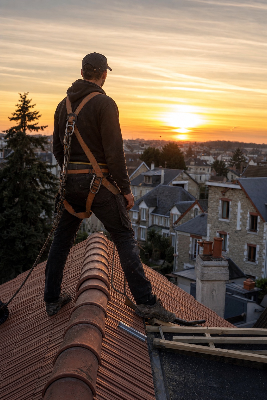 Jeune couvreur sur un toit au coucher du soleil