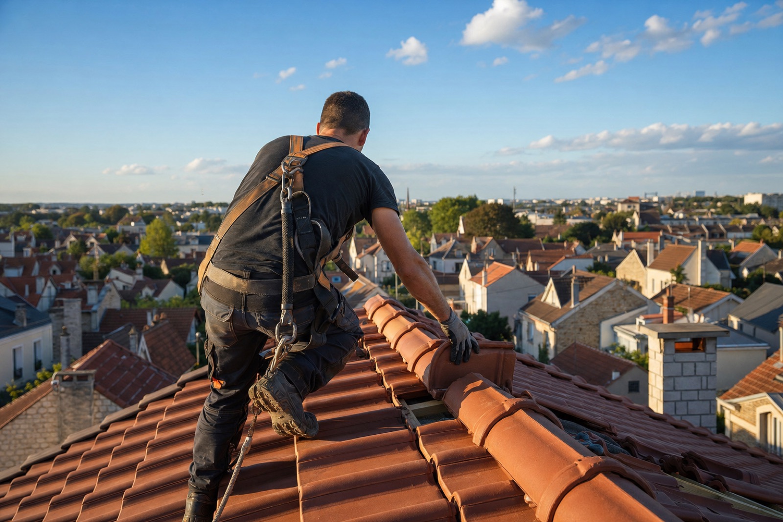 Couvreur travaillant sur une toiture en tuiles à Herblay-sur-Seine